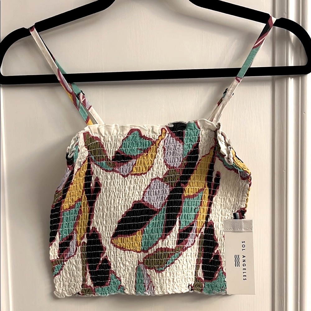 Sol Angeles Blue and Gold Smocked Crop Camisole